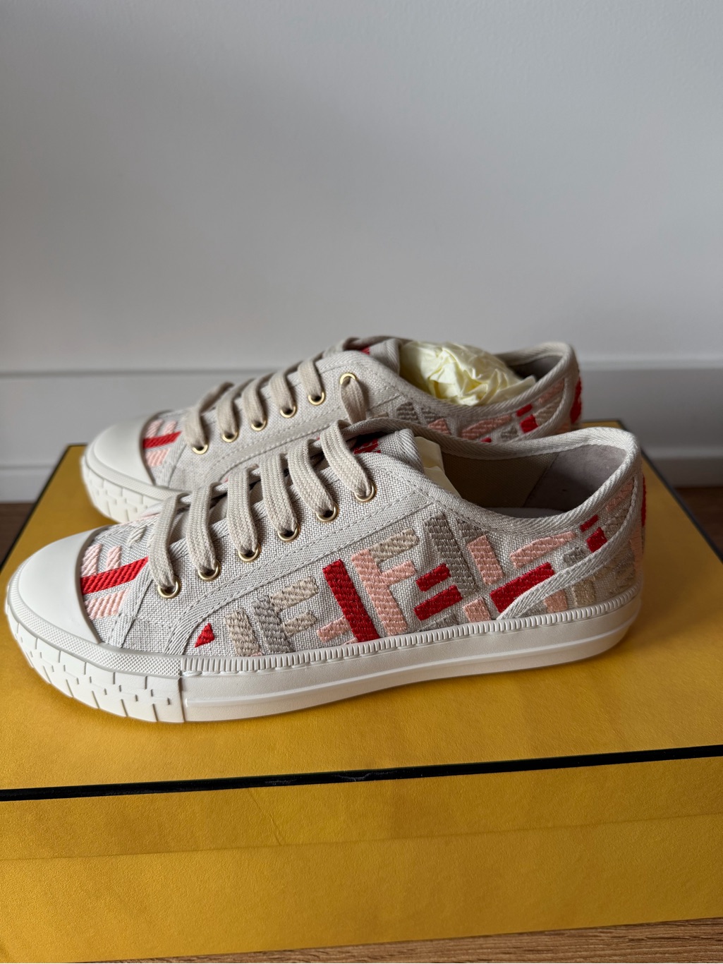 Fendi Domino Canvas Sneakers With Red And Pink Embroidery